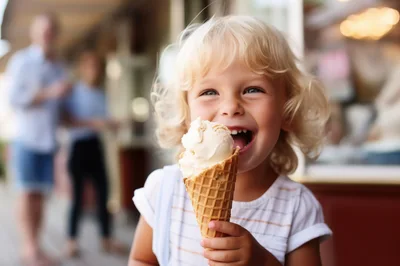 Happy Toddler Eating Vanilla Ice Cream Cone