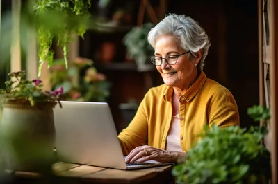 Senior Woman Using Laptop In A Cozy Plant Filled Room