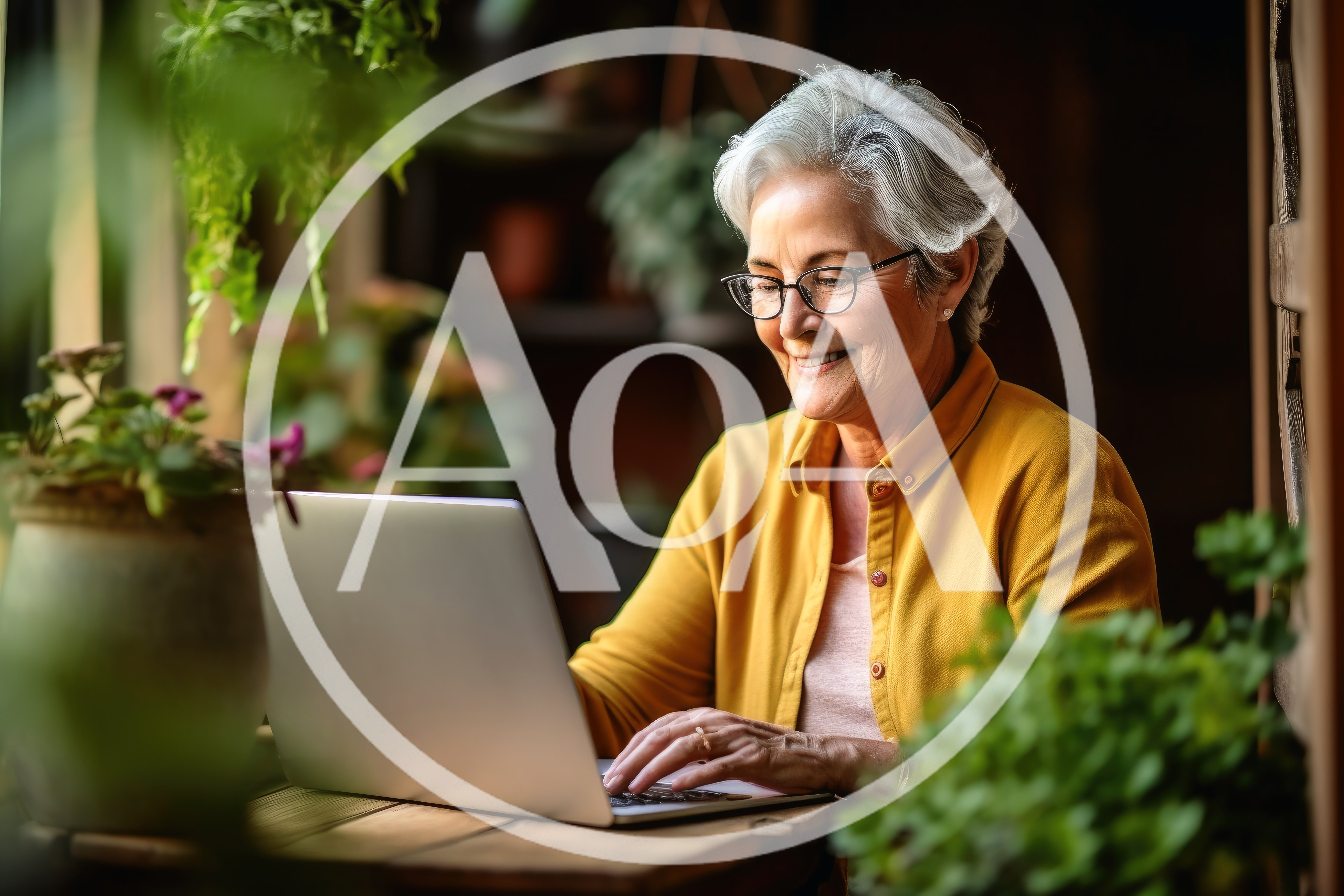 Senior Woman Using Laptop In A Cozy Plant Filled Room