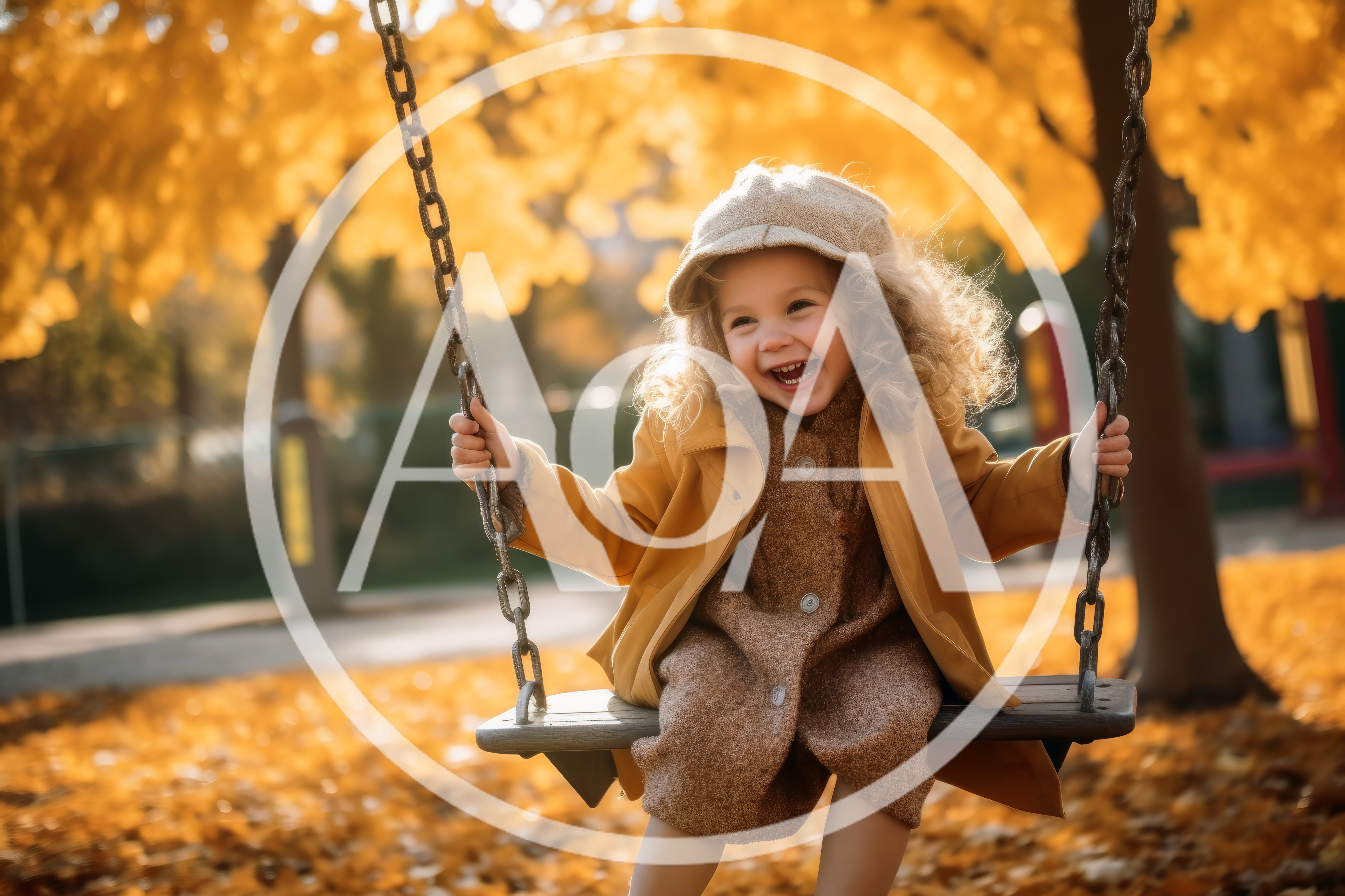 Happy Little Girl Swinging in Autumn Park