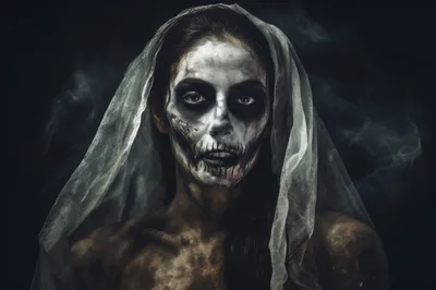 Woman With Creepy Skull Makeup And Wedding Veil