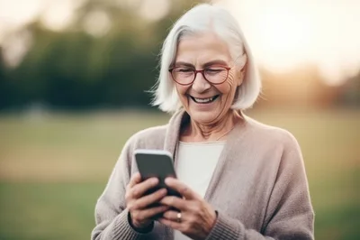 Senior Woman Smiling While Using Her Smartphone Outdoors