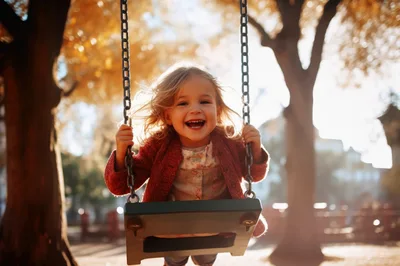 Happy Little Girl Swinging on a Playground Swing