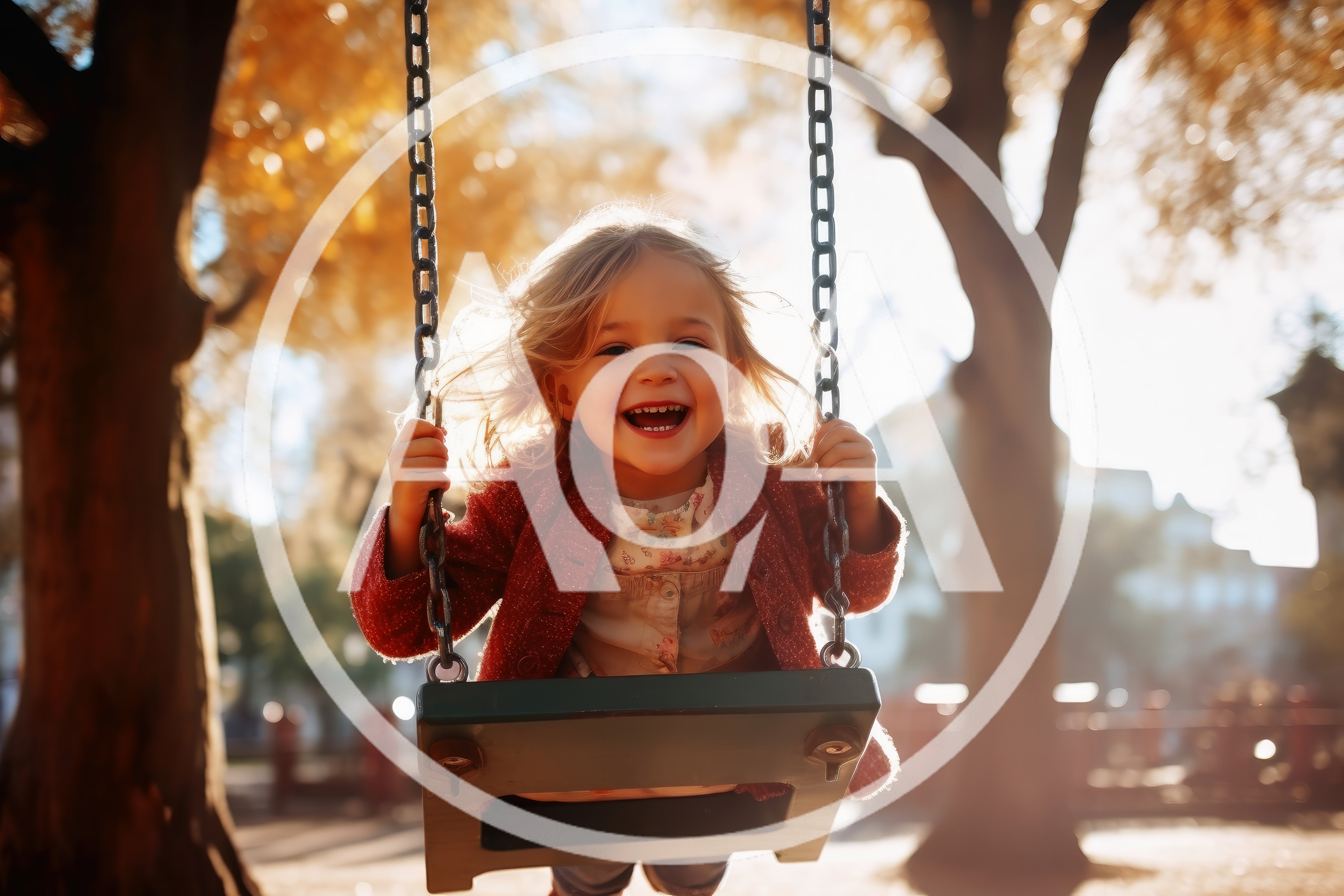 Happy Little Girl Swinging on a Playground Swing
