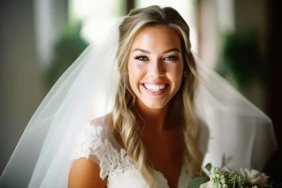 Smiling Bride Wearing Wedding Dress And Veil