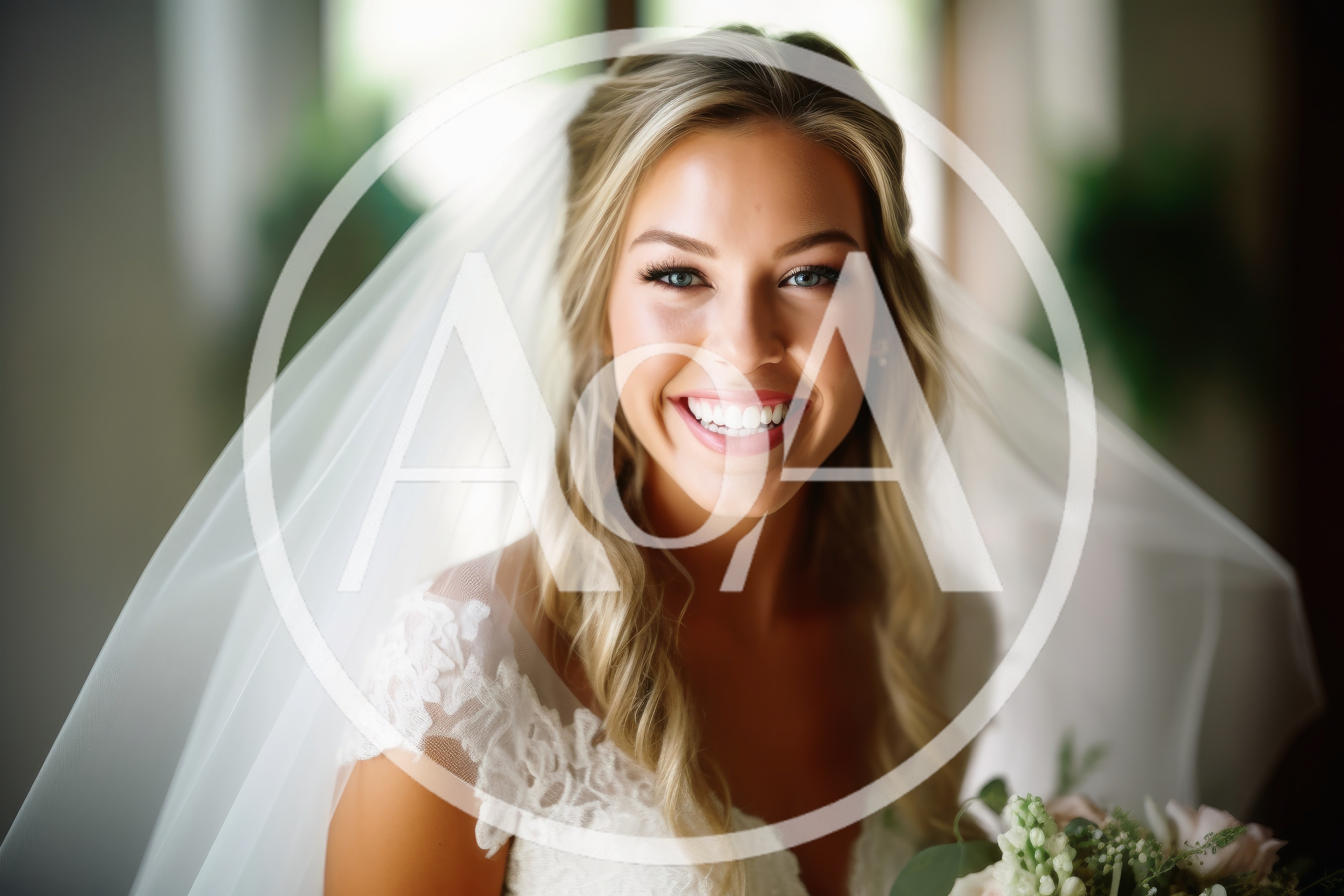 Smiling Bride Wearing Wedding Dress And Veil