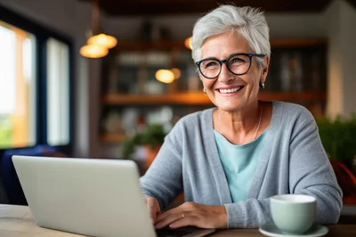 Senior Woman Working On Laptop In Cozy Cafe