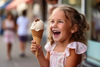Happy Little Girl Eating Ice Cream Cone