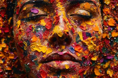 Close Up Portrait Of Face Covered In Colorful Petals