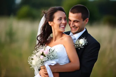 Happy Newlywed Couple Embracing Outdoors
