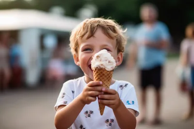 Happy Young Boy Eating Ice Cream Cone