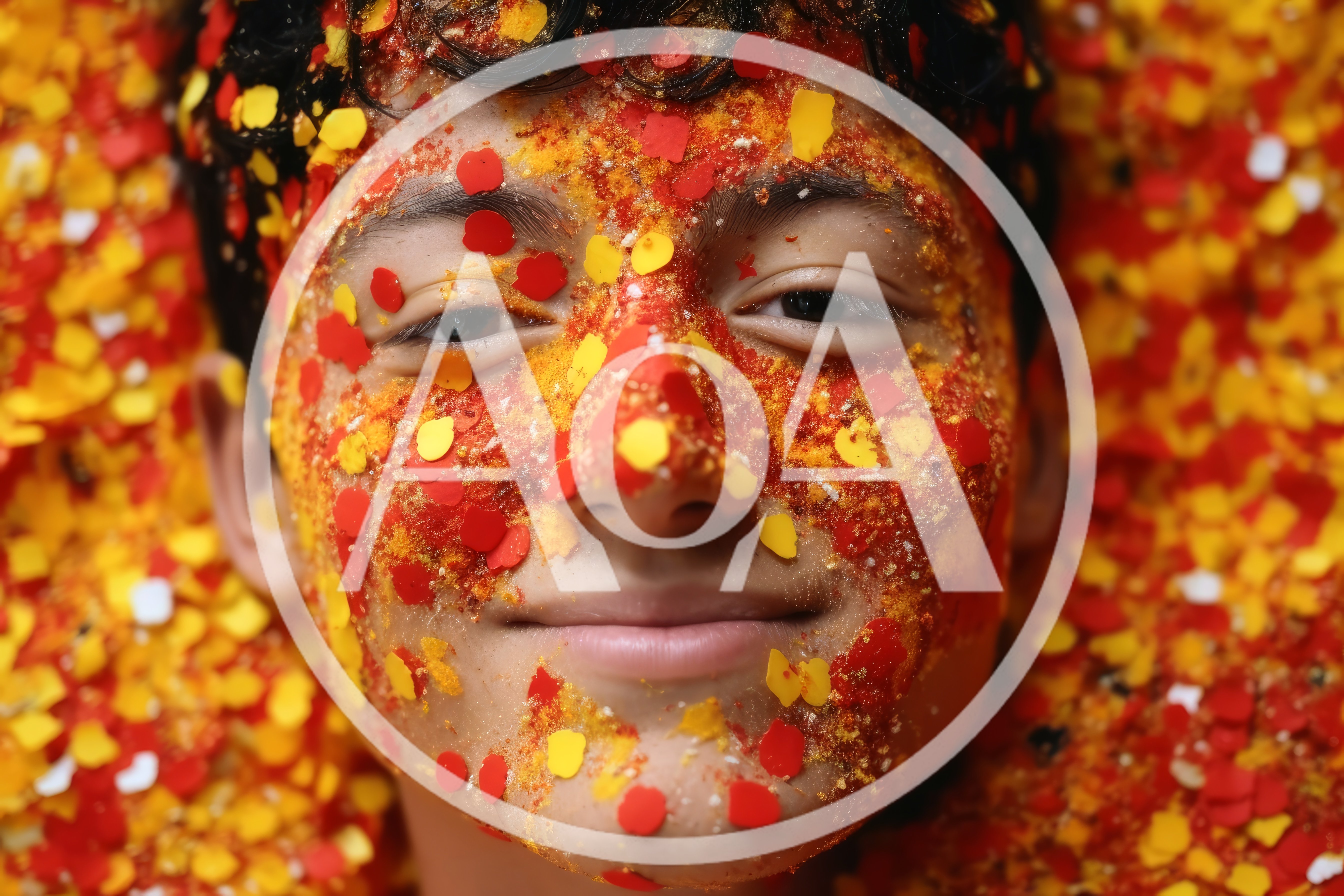 Portrait of a Young Person Covered in Colorful Confetti