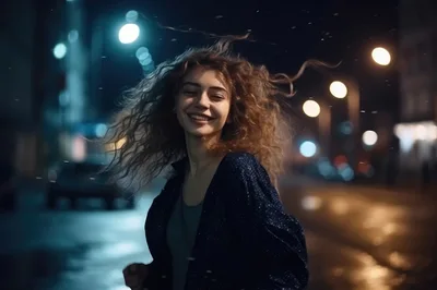 Young Woman With Curly Hair Smiling Outdoors At Night
