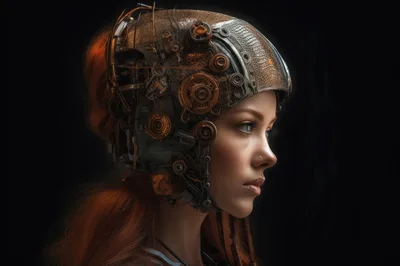 Portrait Of A Young Woman Wearing Steampunk Cybernetic Headgear