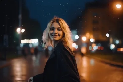 Young Woman Smiling While Walking Through City At Night