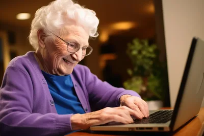 Elderly Woman Smiling While Using A Laptop Computer