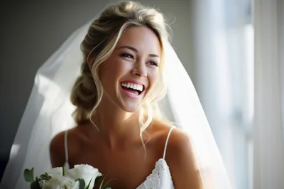 Radiant Bride Laughing With Wedding Bouquet
