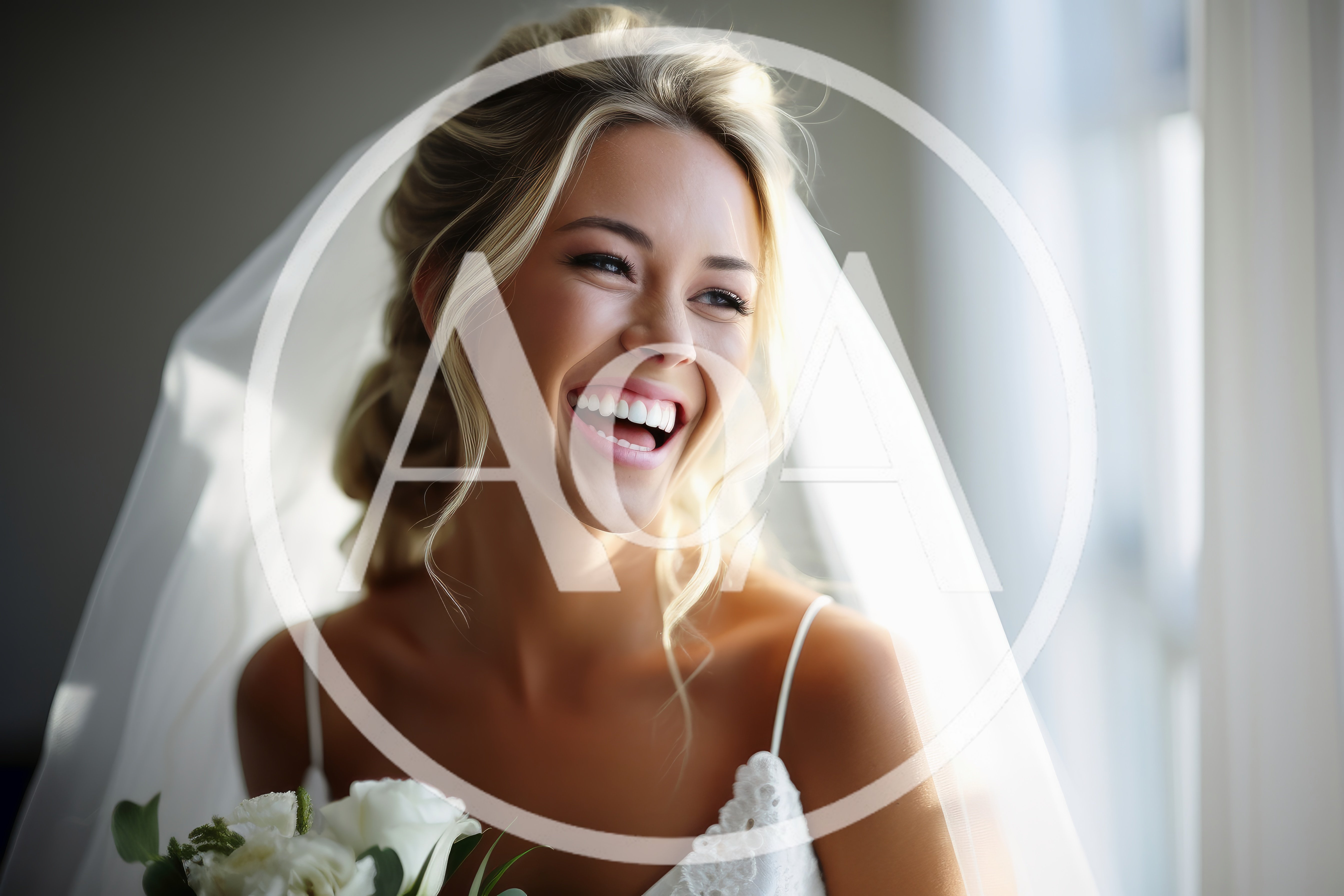 Radiant Bride Laughing With Wedding Bouquet