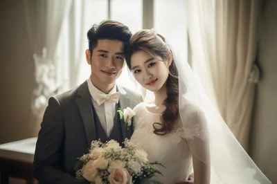 Portrait Of A Newlywed Asian Couple In Wedding Attire