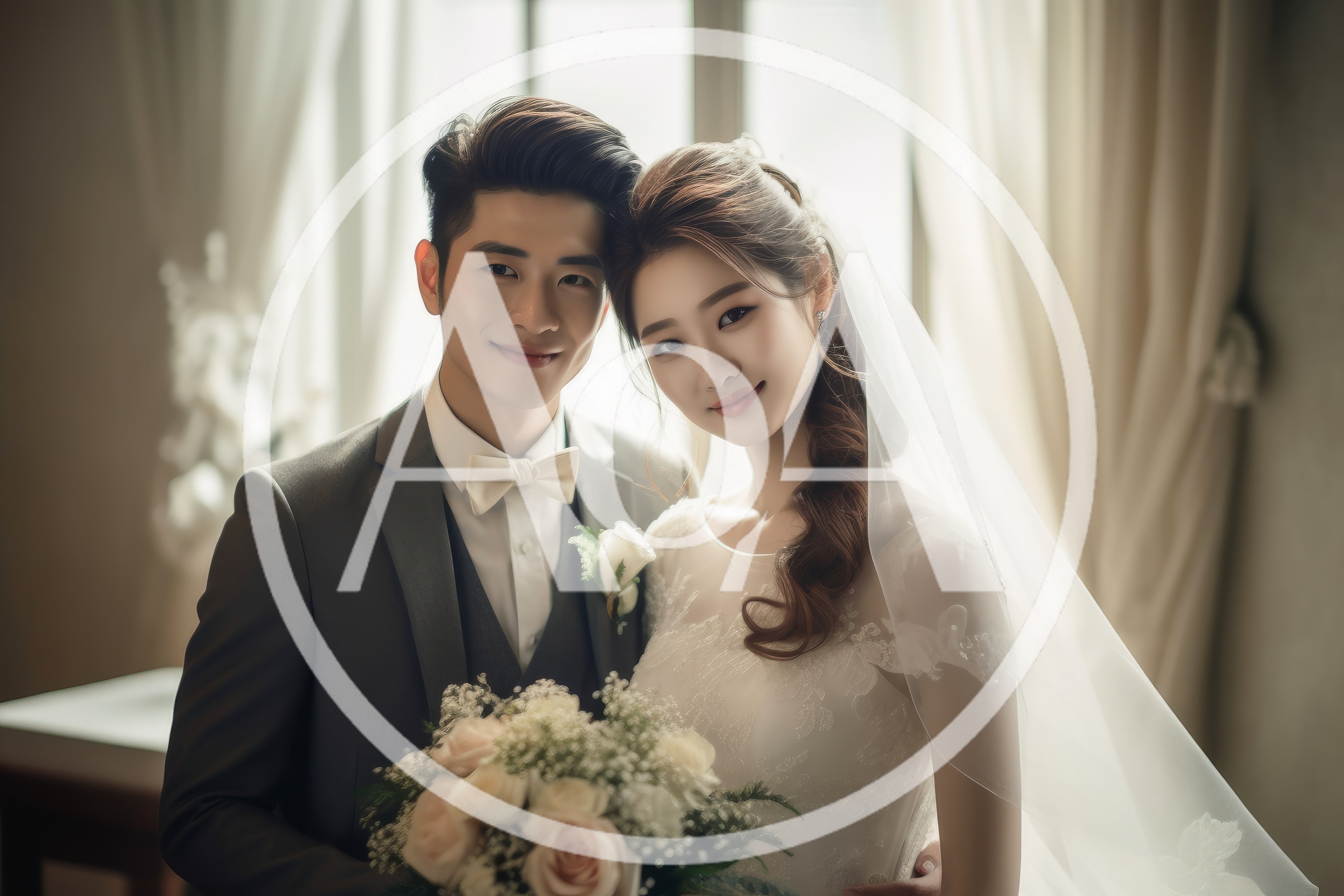 Portrait Of A Newlywed Asian Couple In Wedding Attire