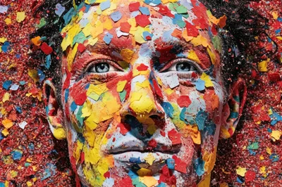 Portrait Of A Man Covered In Colorful Confetti