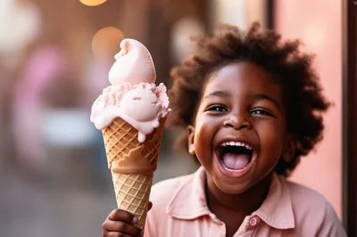 Happy Young Girl Holding A Large Ice Cream Cone