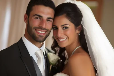 Happy Newlywed Couple Posing For Wedding Portrait