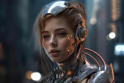 Portrait Of A Young Cybernetic Woman In Cityscape