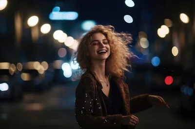 Happy Young Woman With Curly Hair Laughing Outdoors