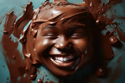 Happy Child Covered In Smooth Melted Chocolate