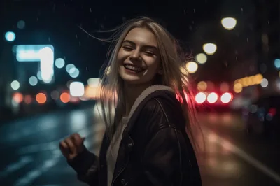 Happy Young Woman Smiling Outdoors At Night