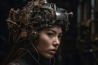Cybernetic Woman Wearing Intricate Steampunk Headgear