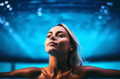 Blonde Woman Relaxing In A Blue Lit Swimming Pool