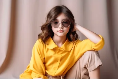 Young Girl Wearing Yellow Shirt And Round Sunglasses
