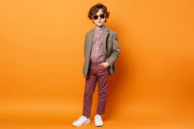 Stylish Young Boy Posing in Fashionable Blazer and Sunglasses