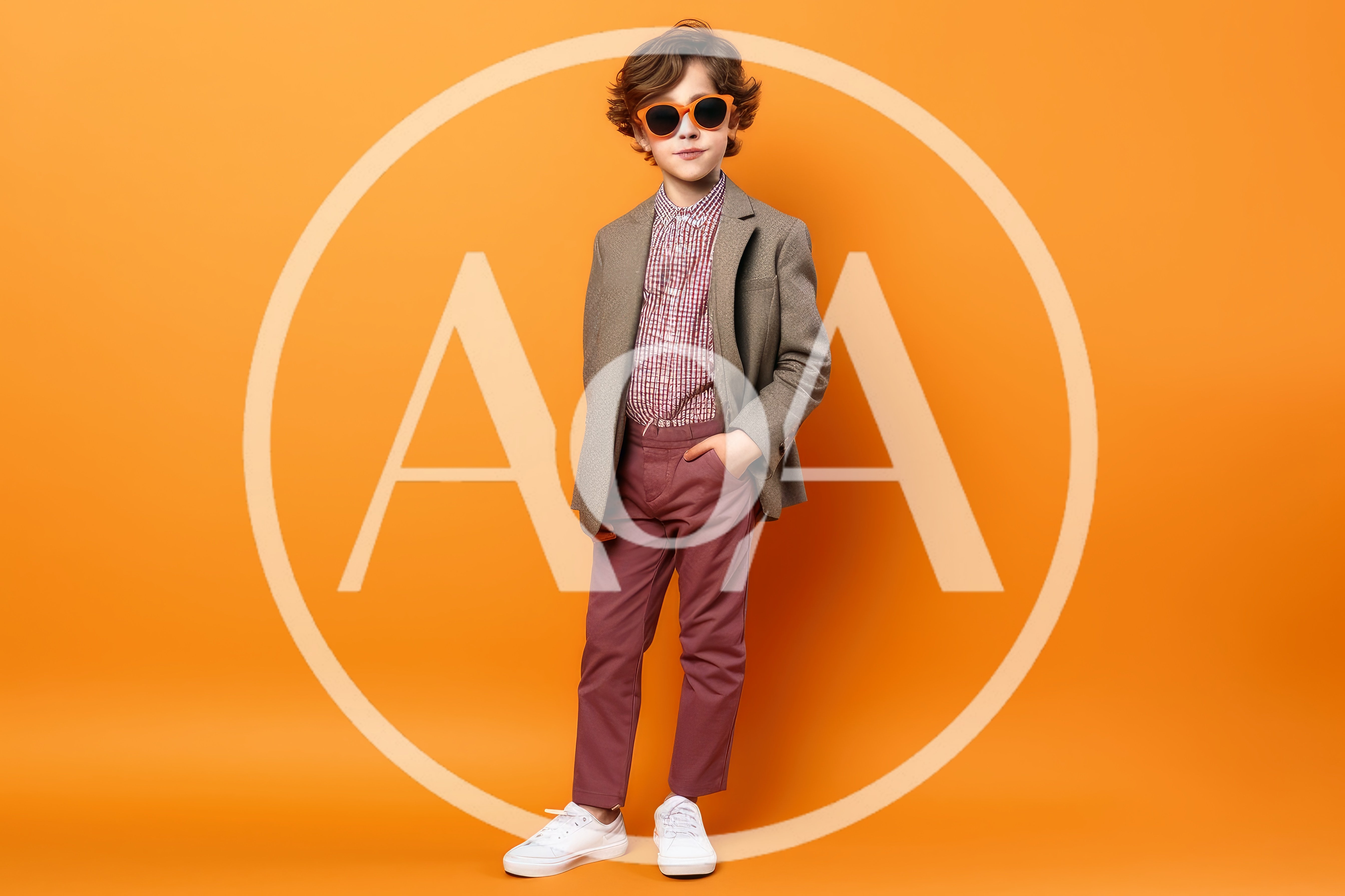 Stylish Young Boy Posing in Fashionable Blazer and Sunglasses
