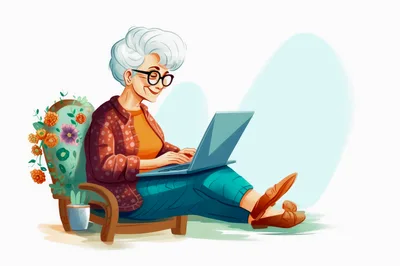 Senior Woman Using Laptop In Floral Armchair