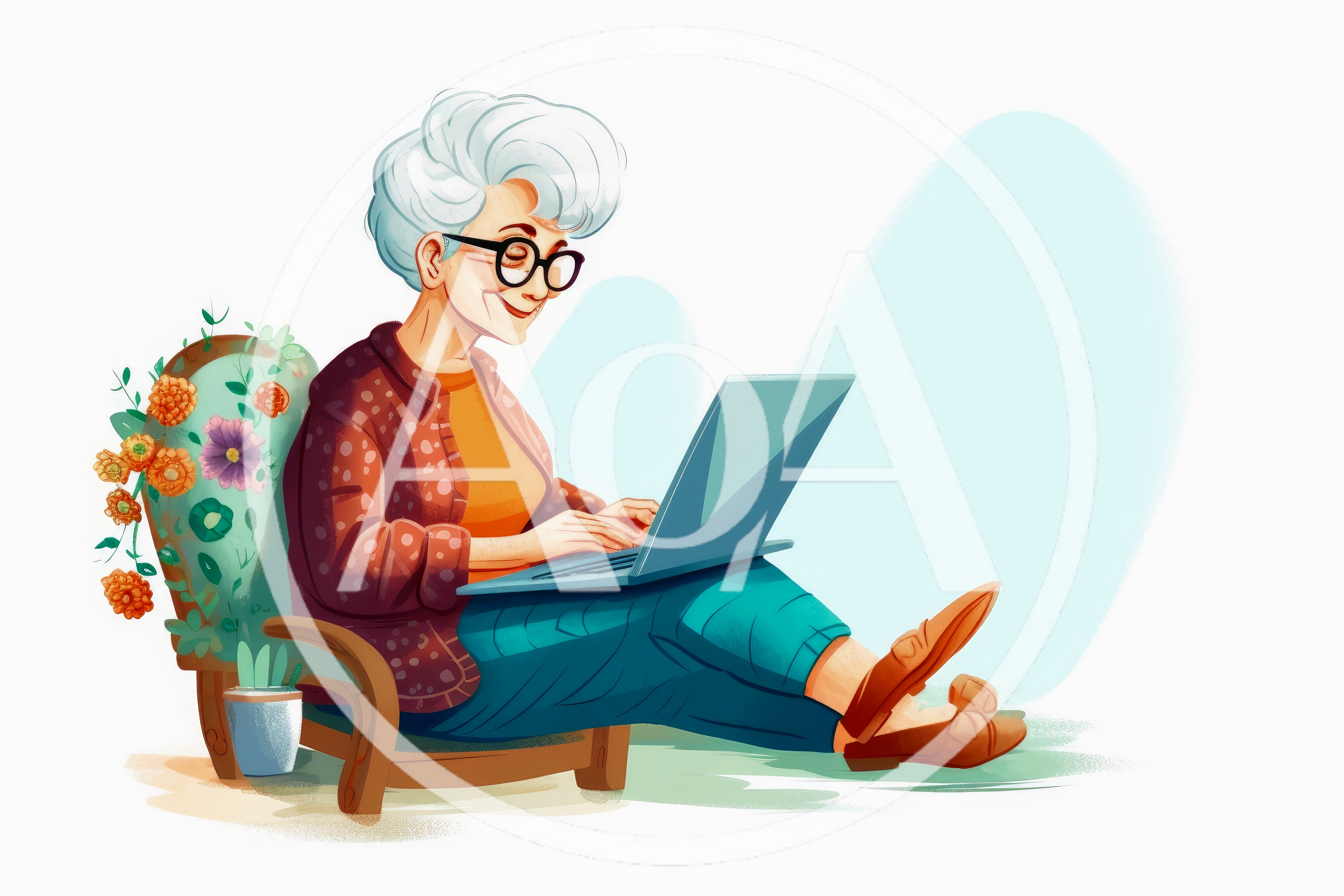 Senior Woman Using Laptop In Floral Armchair