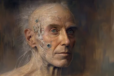 Portrait Of An Elderly Cyborg With Cybernetic Implants