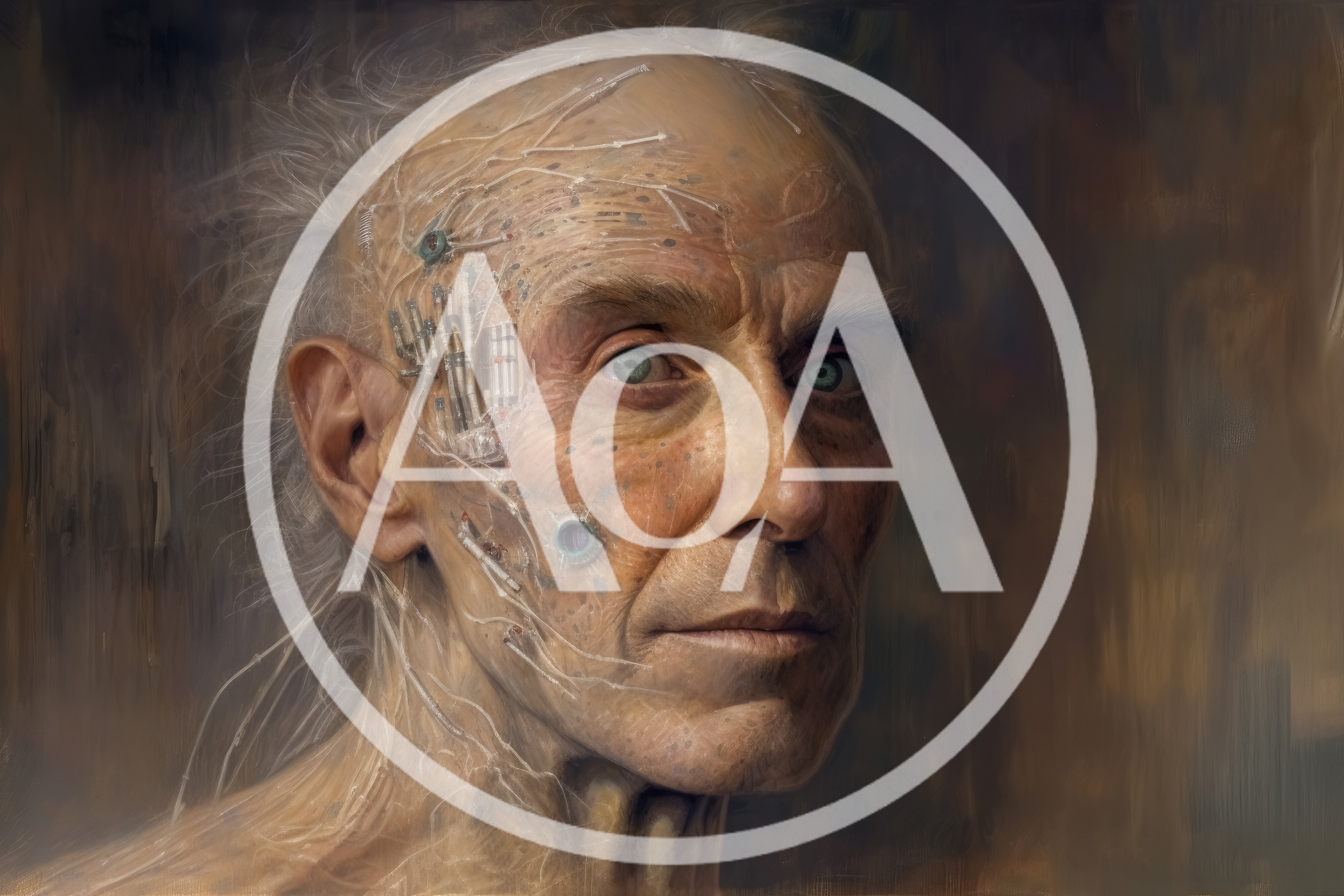 Portrait Of An Elderly Cyborg With Cybernetic Implants