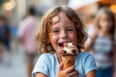 Happy Young Child Eating Chocolate Ice Cream Cone