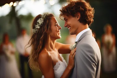 Happy Newlywed Couple Dancing at Outdoor Wedding Reception