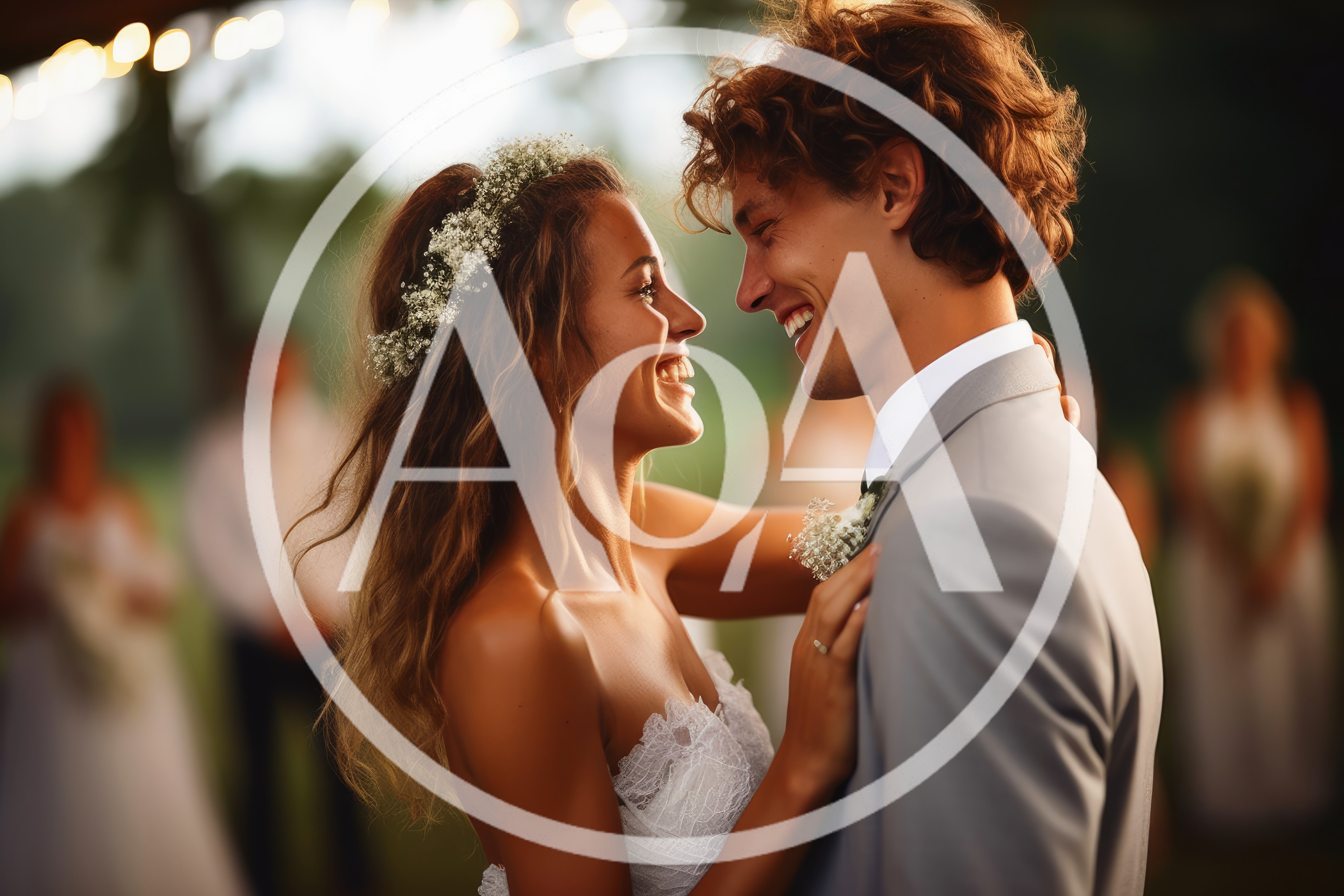 Happy Newlywed Couple Dancing at Outdoor Wedding Reception