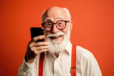 Happy Senior Man Using Smartphone Against Orange Background