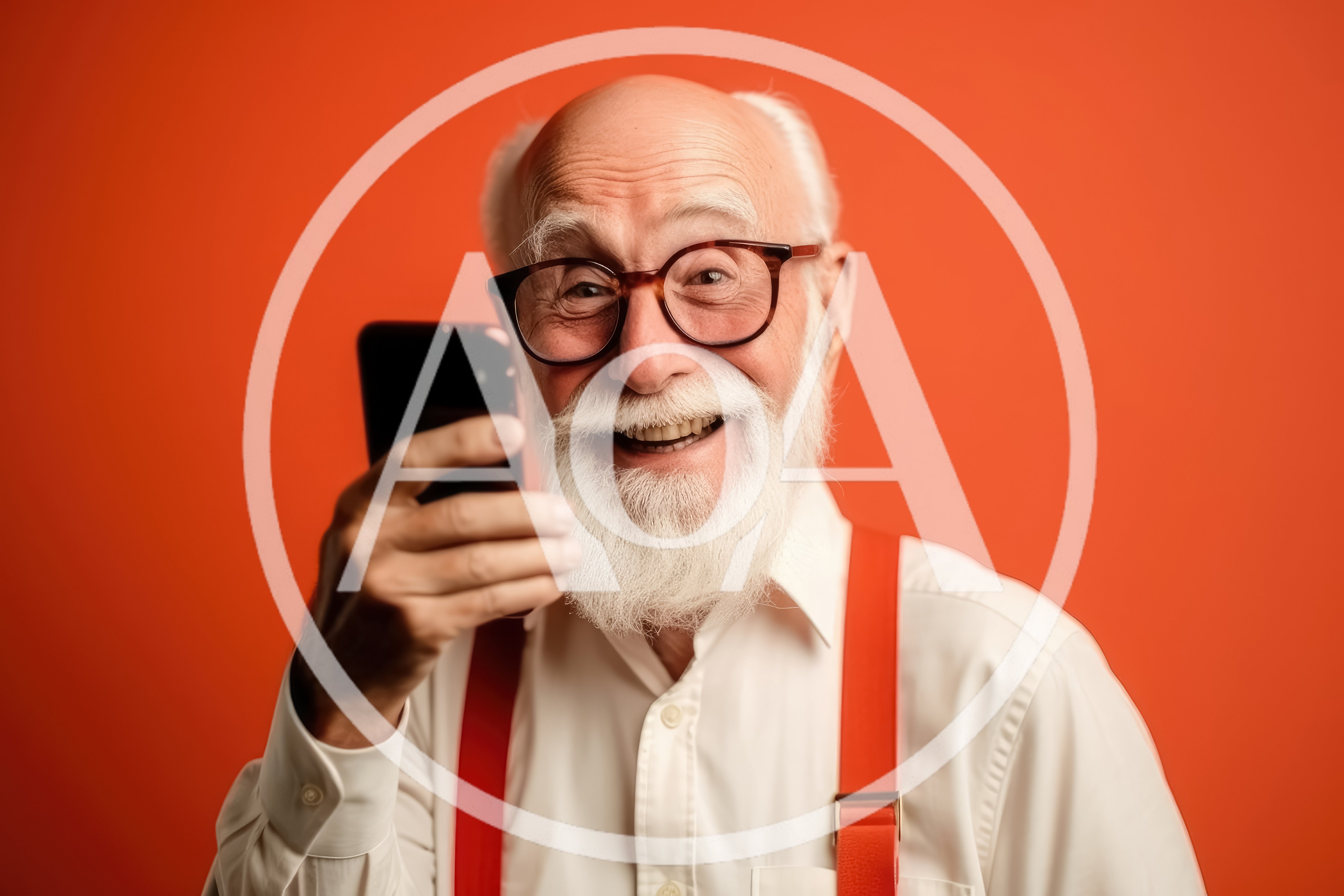 Happy Senior Man Using Smartphone Against Orange Background