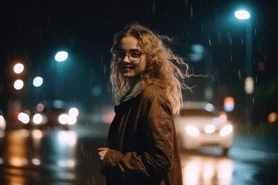 Young Woman Standing In The Rain At Night