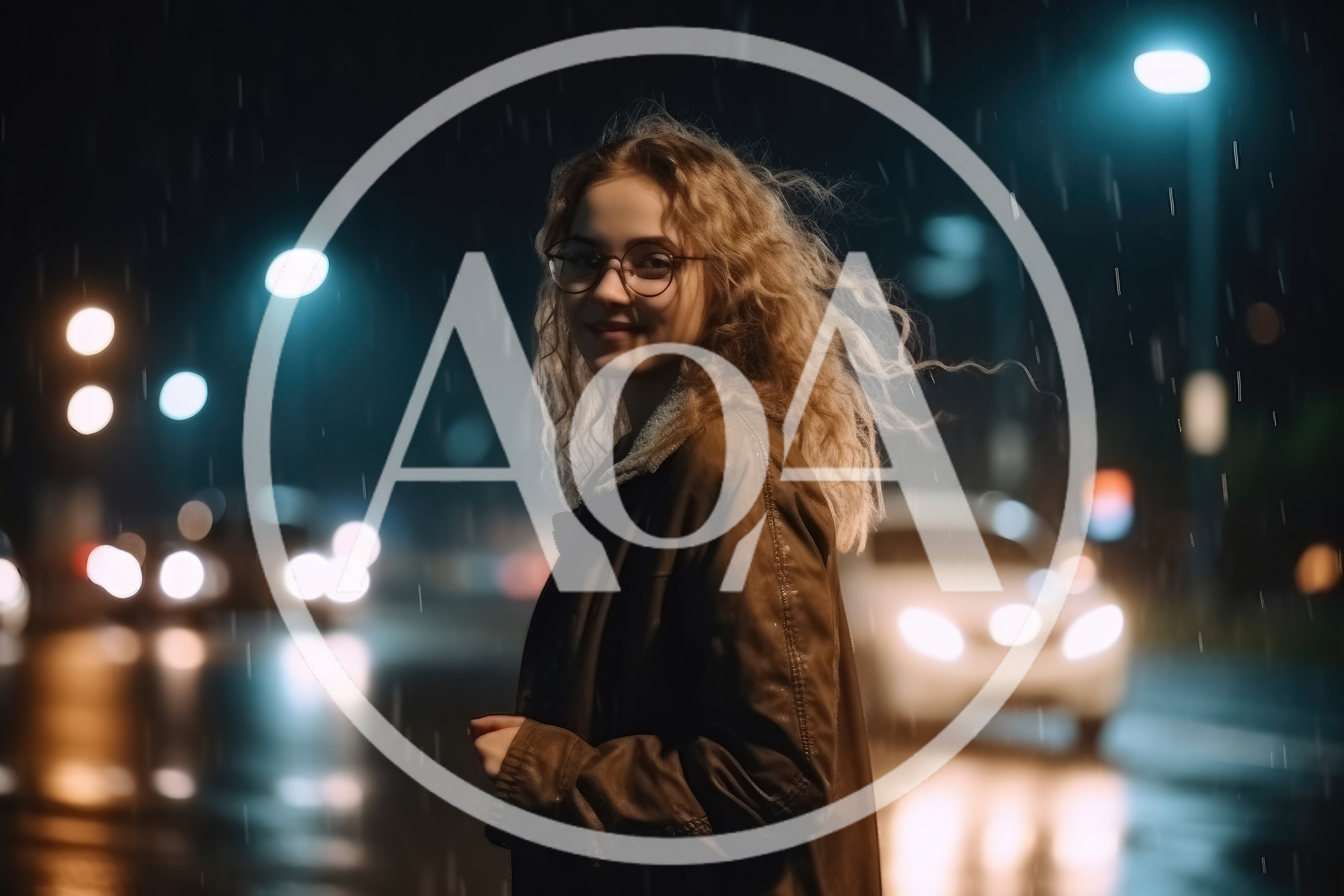 Young Woman Standing In The Rain At Night