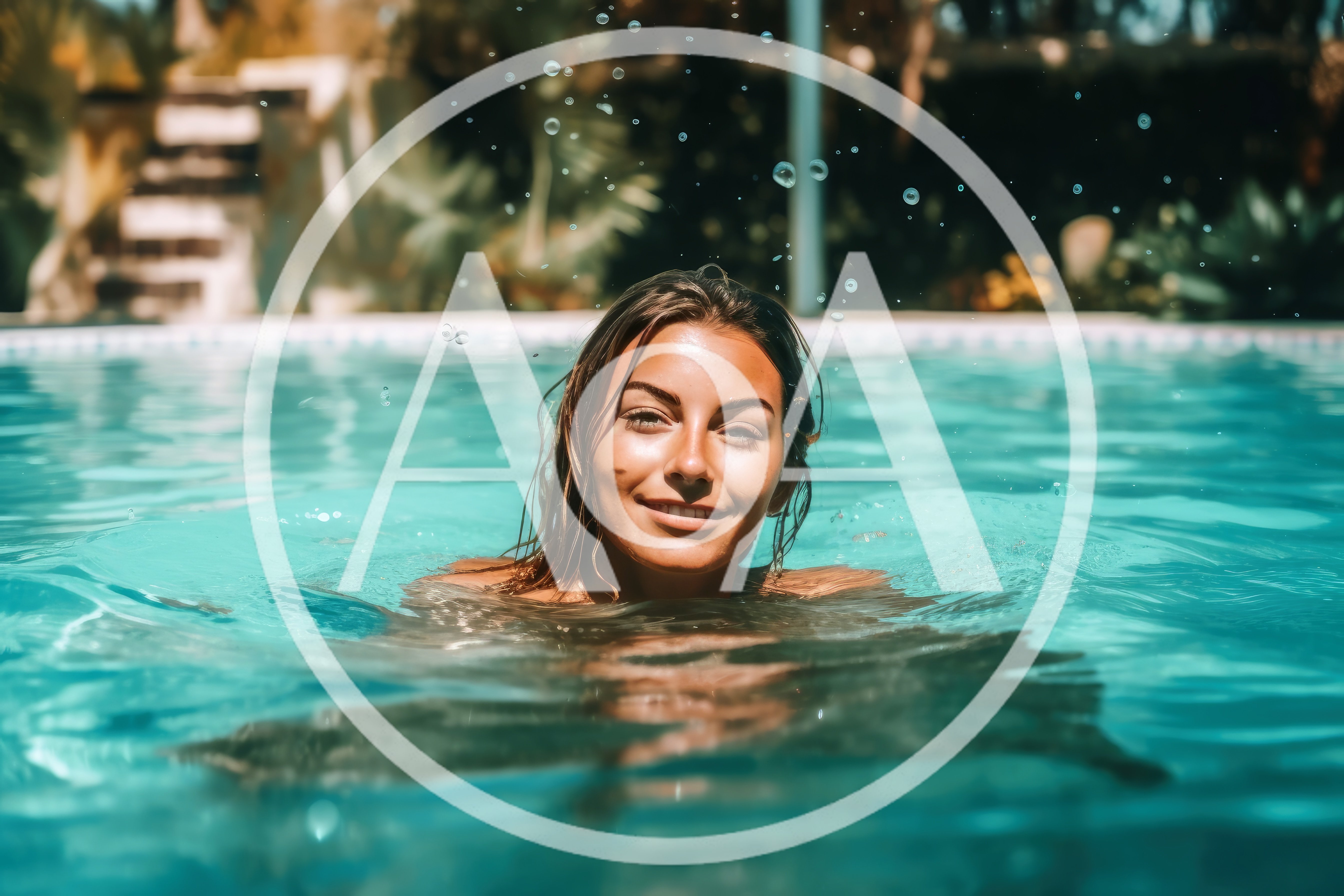 Young Woman Swimming In A Sunny Outdoor Pool