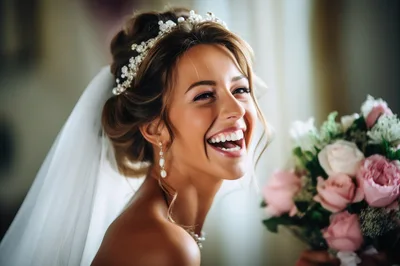 Radiant Bride Laughing With Wedding Bouquet
