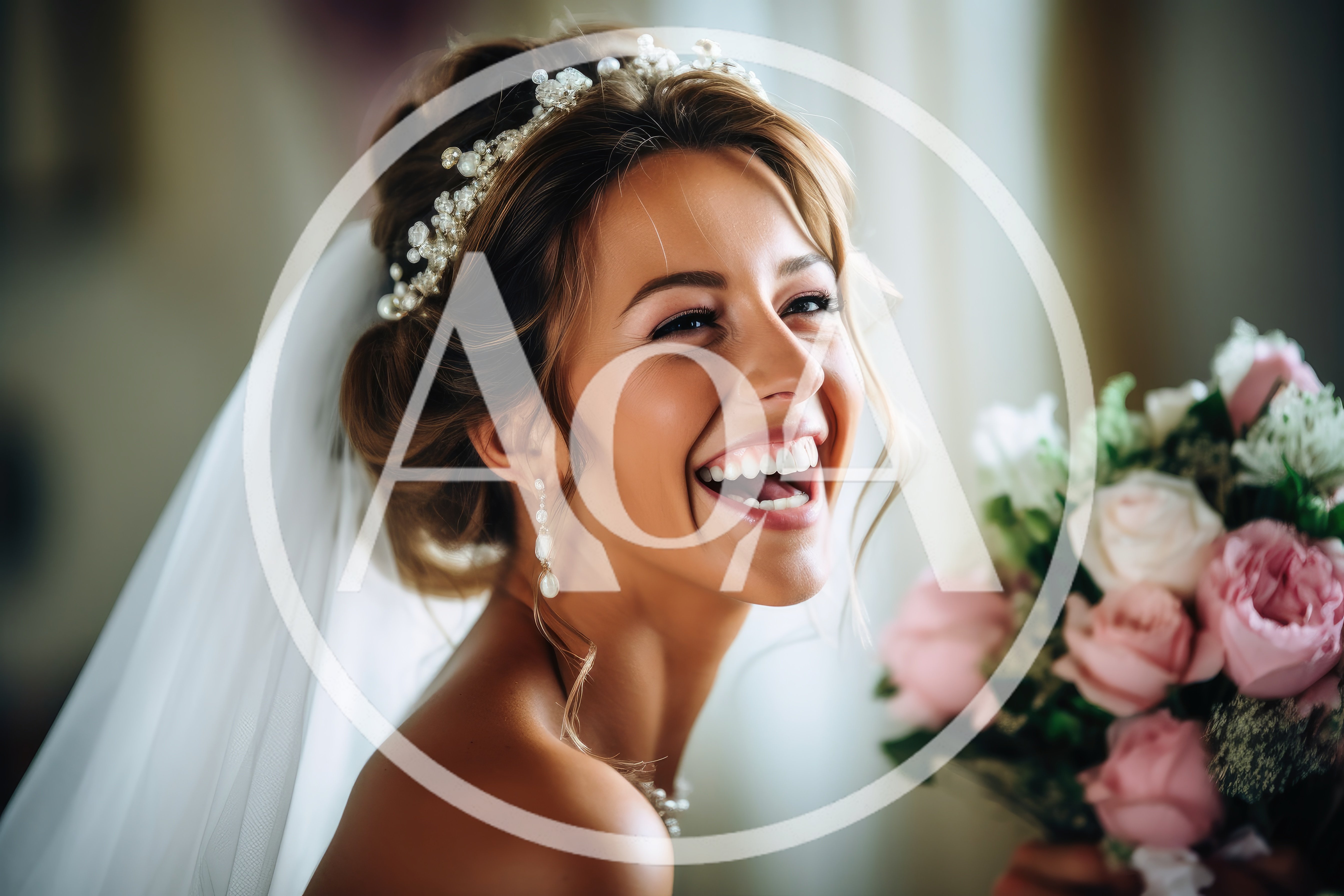 Radiant Bride Laughing With Wedding Bouquet